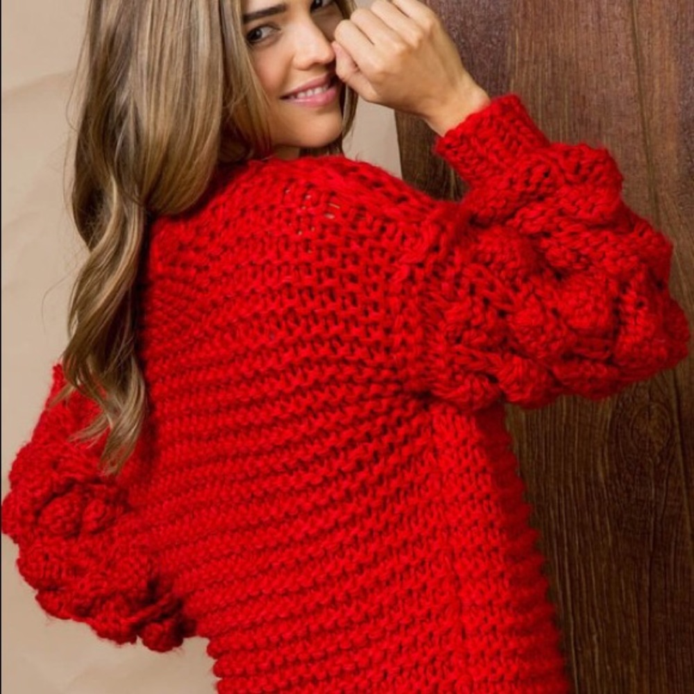 Bishop Sleeve Knit Cardigan- RED - Picture 6 of 8